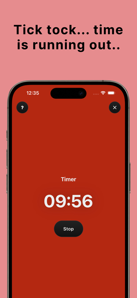 Schermata del conto alla rovescia nel gioco di società Spy che mostra 9 minuti e 56 secondi rimanenti su uno sfondo rosso.