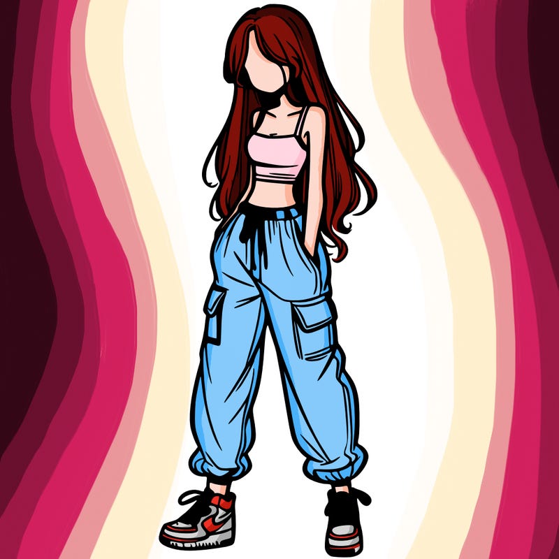girl in baggy pants crop top and long hair