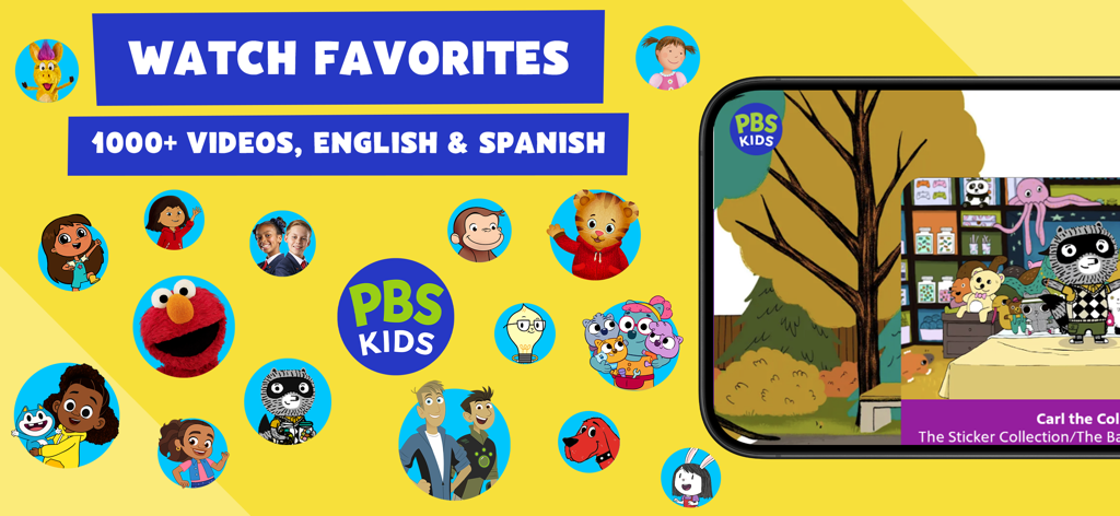 PBS KIDS Video - PBS KIDS Video app promotional banner with popular characters and text about bilingual video content
