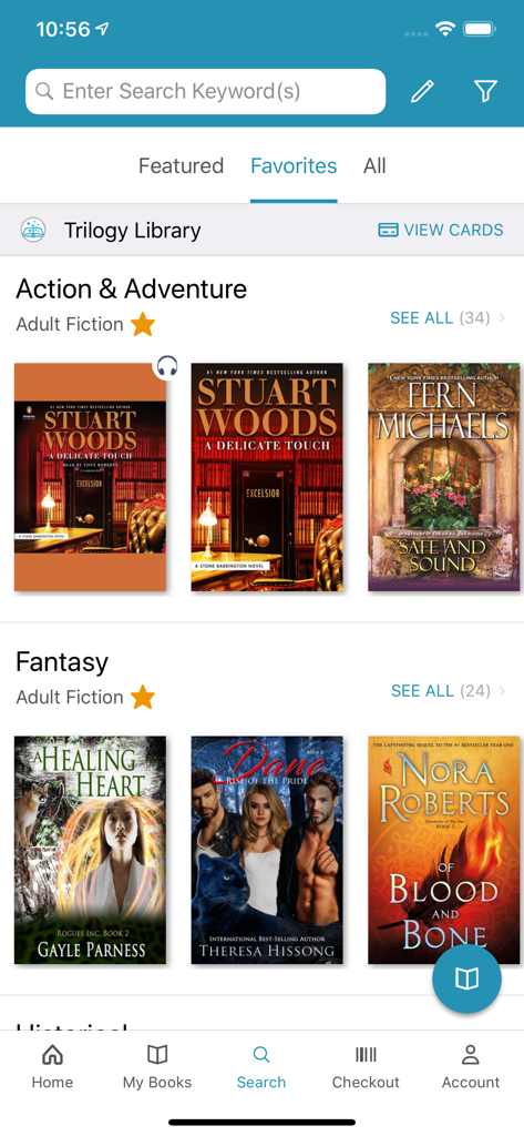 CloudLibrary - CloudLibrary 앱의 검색 화면. 판타지 및 액션 어드벤처와 같은 장르와 책 추천이 표시됩니다.