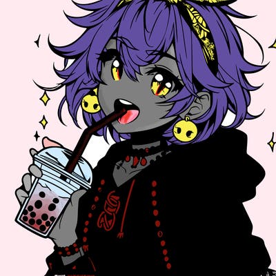 hot baddie anime girl drinking boba and biting the straw