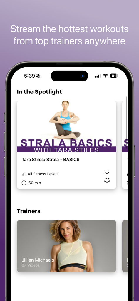 FitFusion app screen showing yoga workouts with Tara Stiles and trainer profiles like Jillian Michaels.