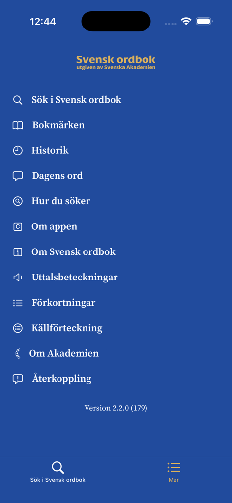 Svensk ordbok - Main menu of the Svensk ordbok app featuring search and reference options