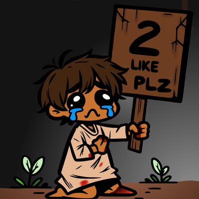 small poor toddler crying with sign that says 2 like plz