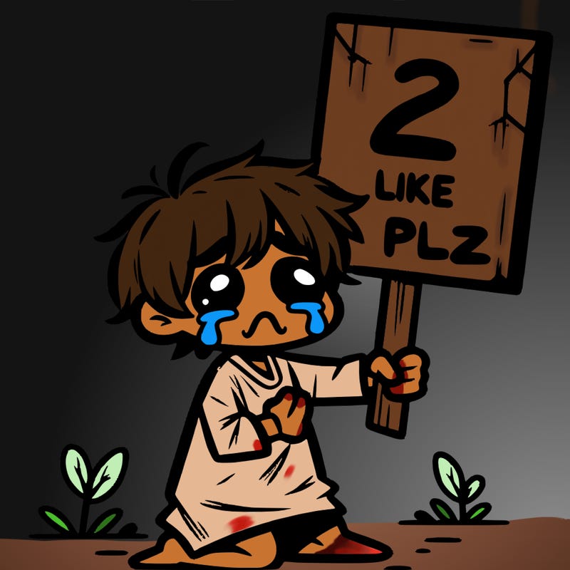 small poor toddler crying with sign that says 2 like plz