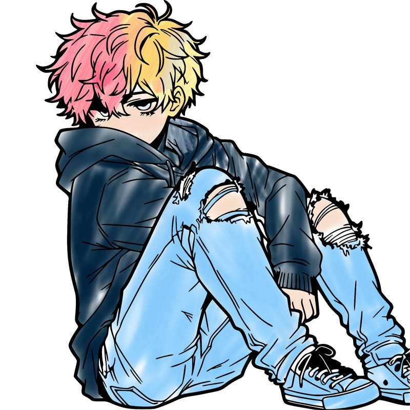 a male hoddie ripped jeans messy hair anime