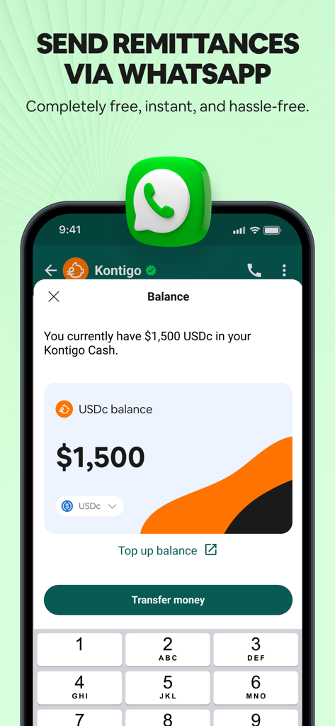 Kontigo Global app screen showing USDc balance and option to send remittances via WhatsApp