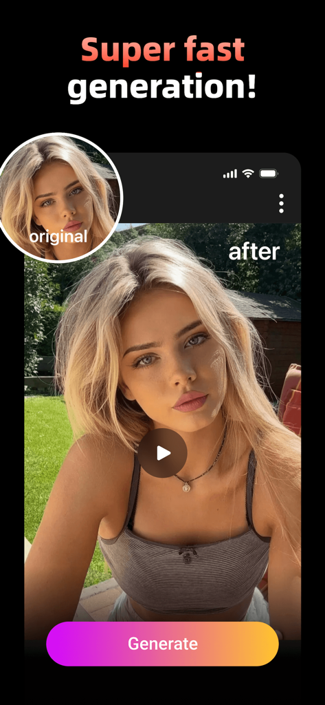 Aurora - AI Video Generator - Aurora AI app interface showing a super fast generation of a video from a portrait photo
