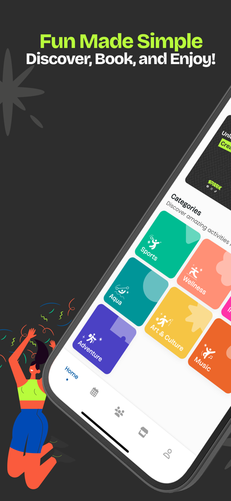 Spark Entertainment - Spark Entertainment app screen showing activity categories like Sports, Wellness, and Adventure with a Fun Made Simple headline