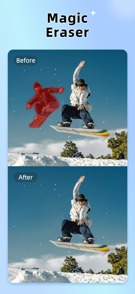 AI Photo Editor - Picsman - Comparación de antes y después de la herramienta Borrador Mágico eliminando a una persona de una foto de snowboarding