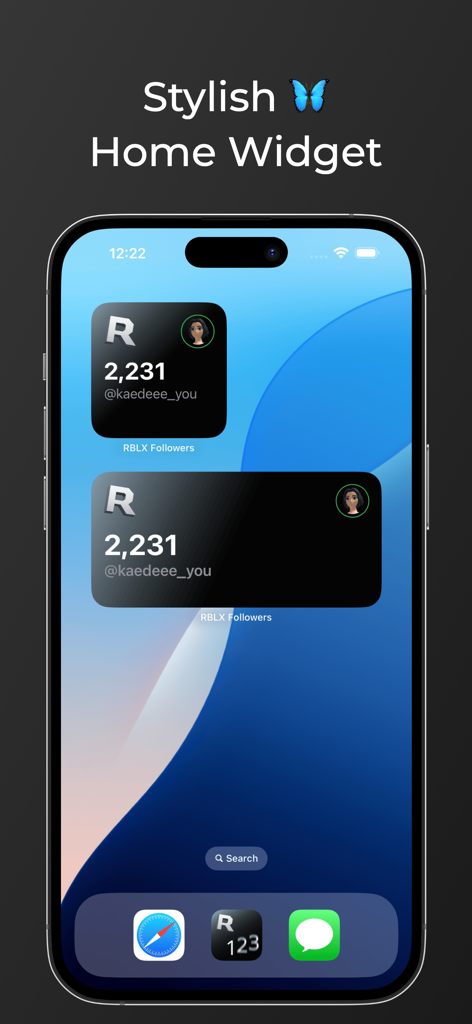 Blox Followers: Home Widget - Pantalla de inicio de iPhone mostrando dos elegantes widgets negros con un recuento de seguidores de Roblox y el avatar del perfil.