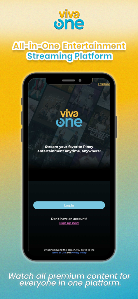 Viva One mobile app login screen for streaming Filipino movies and series