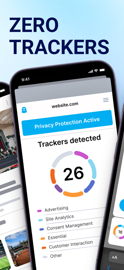 Interfaz de la aplicación Ghostery para iPhone que muestra una lista de rastreadores de sitios web detectados y el estado de protección de la privacidad.