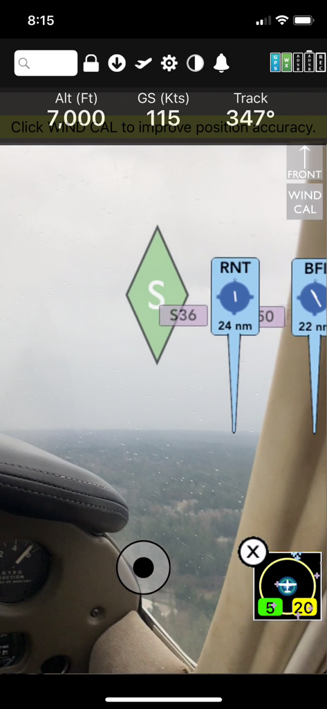 FlyQ Plus EFB augmented reality navigation display showing altitude ground speed and airport markers over a real time cockpit view