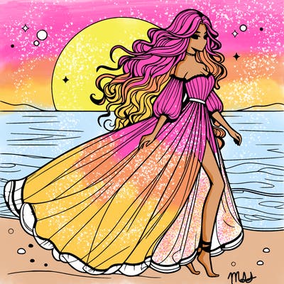 beautiful woman with a vaporous long dress walking on the beach at the noon, detailed art