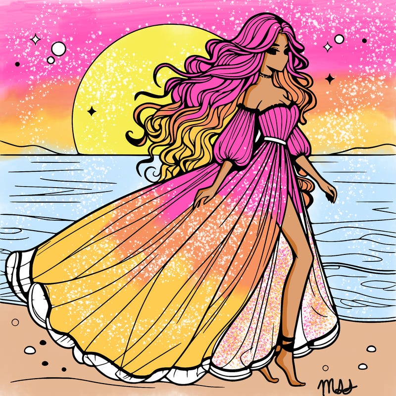 beautiful woman with a vaporous long dress walking on the beach at the noon, detailed art