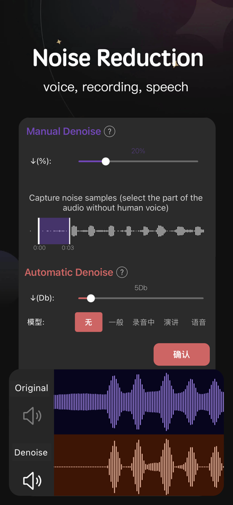 Interface of the Audio Editor app showing manual and automatic noise reduction tools with waveform visualizations