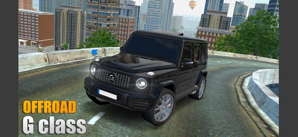Offroad G63 - Black luxury G-Class SUV driving on a city road with skyscrapers in the background