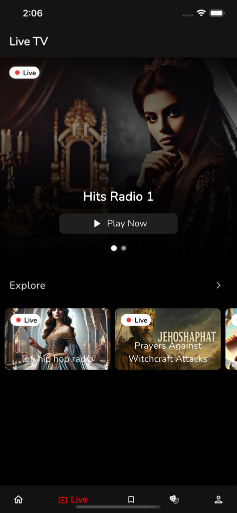 Celestial Witnesses - Interfaz de la aplicación Celestial Witnesses que muestra transmisiones en vivo de narración bíblica y canales de radio como Jehoshaphat y Hits Radio
