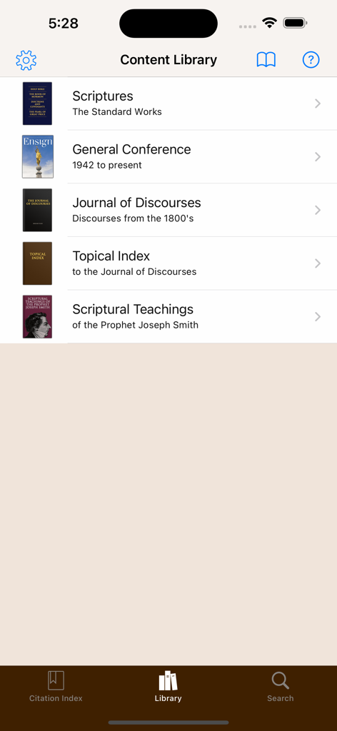 Scripture Citation Index app interface displaying the content library with sections for scriptures general conference and journal of discourses
