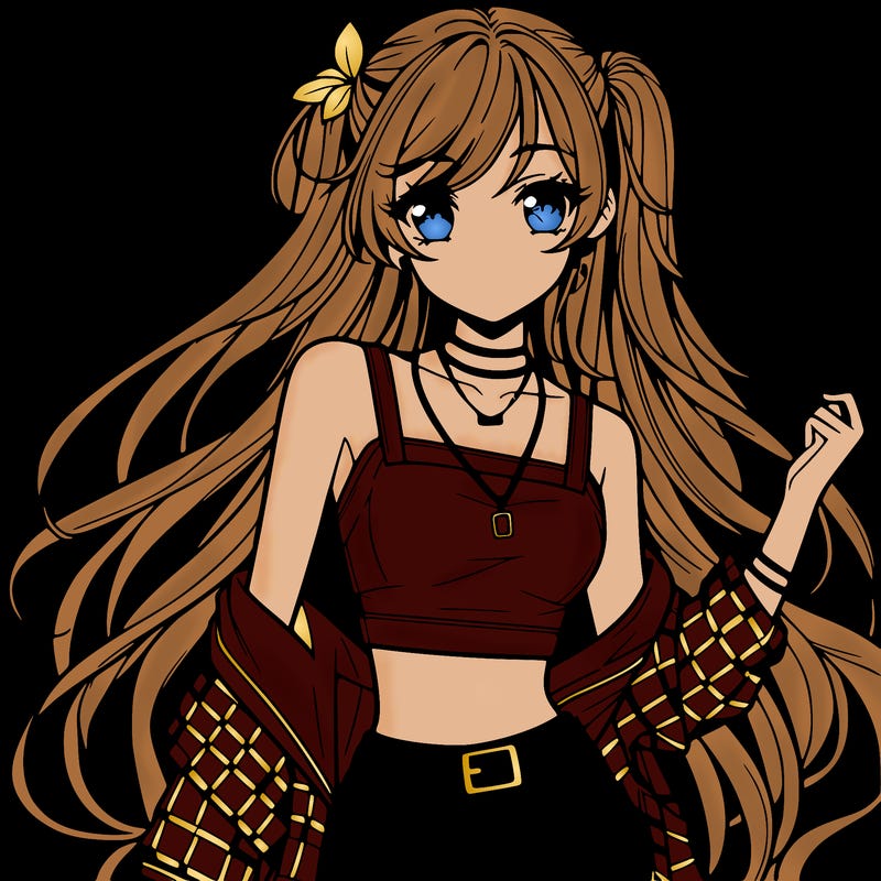 hot anime girl with long hair wearing a crop top and jorts