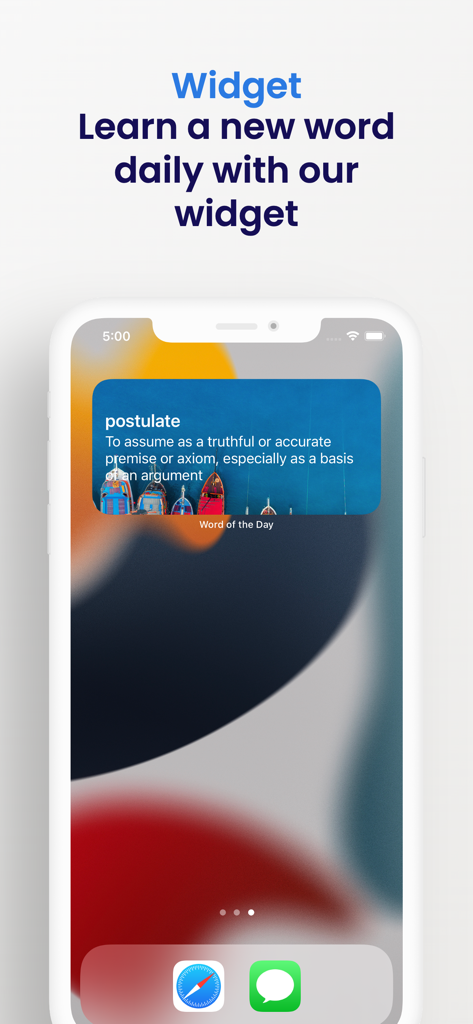 Word of the Day ‎ - Tela inicial do iPhone exibindo um widget de vocabulário do Palavra do Dia com uma definição e fundo cênico