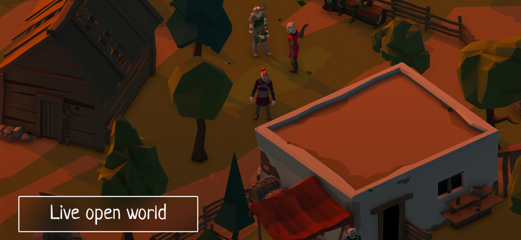 Slash of Sword - Una escena de pueblo low-poly que muestra personajes en el mundo abierto y vivo de Slash of Sword