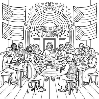 Embrace a powerful message of love and acceptance with our unique Last Supper Pride coloring page. This design beautifully merges a timeless biblical scene with vibrant symbols of diversity, perfect for thoughtful reflection and creative expression.