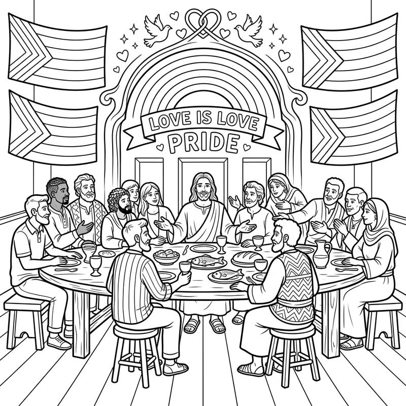 Embrace a powerful message of love and acceptance with our unique Last Supper Pride coloring page. This design beautifully merges a timeless biblical scene with vibrant symbols of diversity, perfect for thoughtful reflection and creative expression.