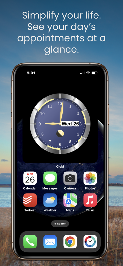 Cloki – Clock Widget - An iPhone home screen showing a Cloki analog clock widget with calendar appointment arcs and moon phase visualization