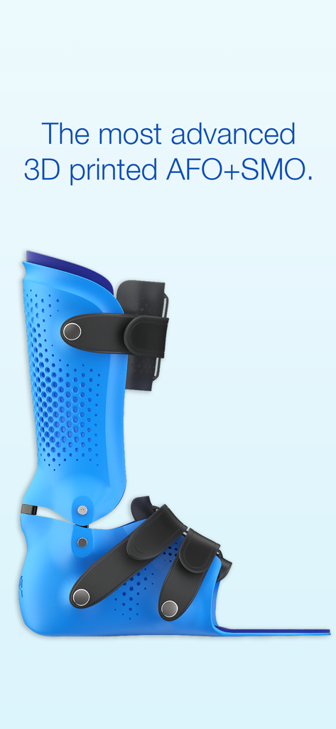 Side view of a blue 3D printed ankle foot orthosis with black adjustable straps