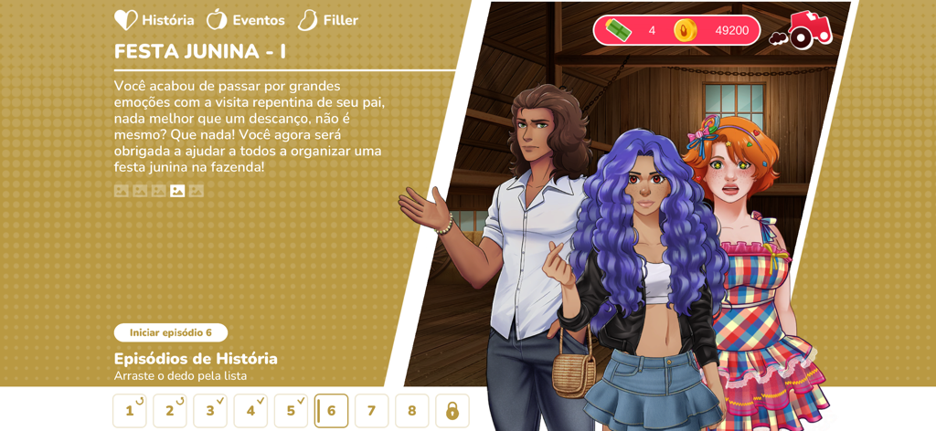 Entre Laços e Amassos - Screenshot of Entre Laços e Amassos visual novel showing episode 6 Festa Junina menu with three illustrated characters in a farm setting.