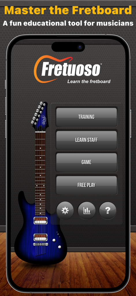 Fretuoso - Fretuoso app main menu featuring training modes and a blue electric guitar