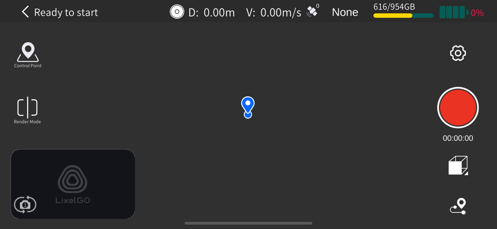 Professional LiDAR scanner control interface showing ready to start status with record button and telemetry data.