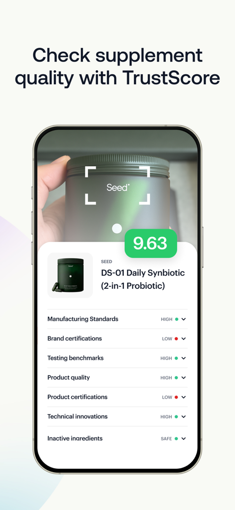 SuppCo: Supplement Scanner - Schermata dell'app SuppCo che mostra l'analisi della qualità TrustScore per un integratore probiotico scansionato