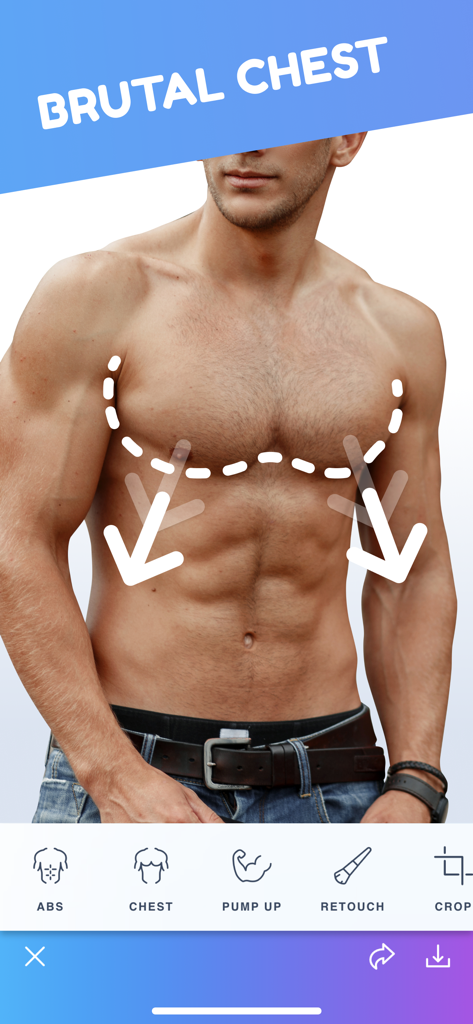 Body Tune for Men－Photo Editor - Male photo editor app interface showing chest enlargement tool on a man torso