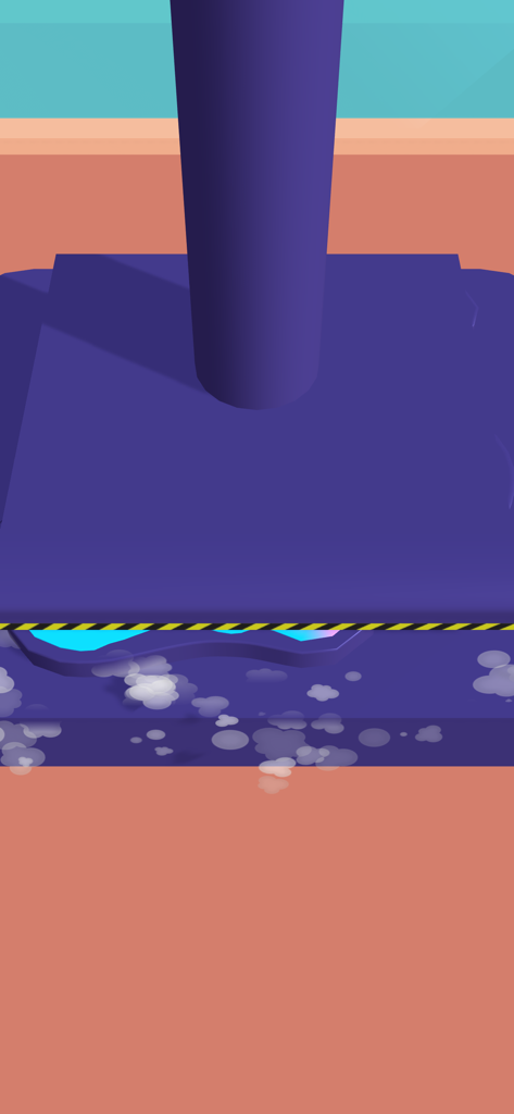 A mechanical press forming a colorful fidget toy inside a purple mold with steam effects