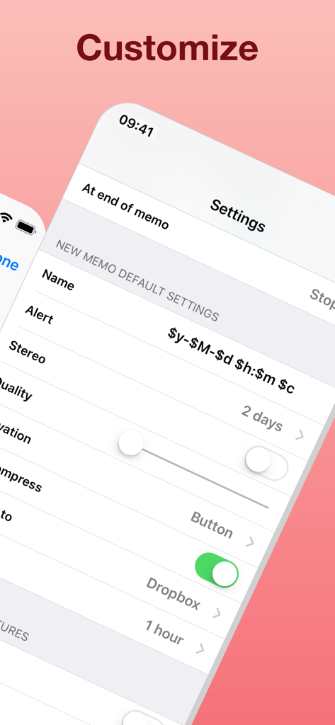 Audio Memos Pro - Settings screen of Audio Memos Pro app showing customization options for default memo names and cloud upload preferences