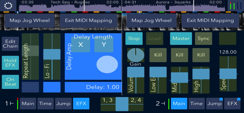 DJDJ Mixing App - Interface de l'application DJDJ Mixing montrant le mode de mappage MIDI et les contrôles d'effets
