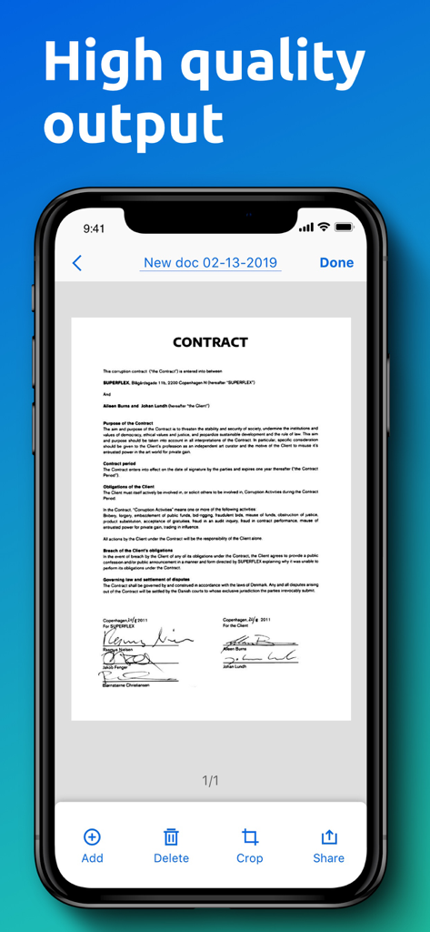 iPhone screen showing a high quality digital scan of a signed contract in the PDF Scanner app