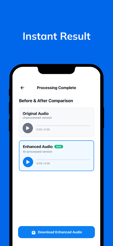 Noise Remover - Noise Remover app interface showing a comparison between original and AI enhanced audio