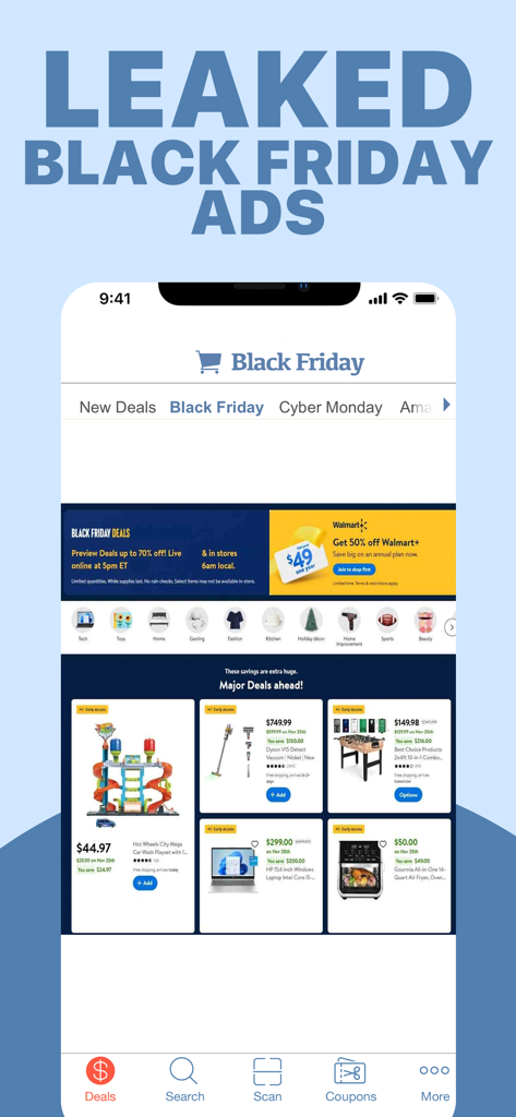 Black Friday Shopping-App, die geleakte Anzeigen und verschiedene Produkt-Rabatte anzeigt.