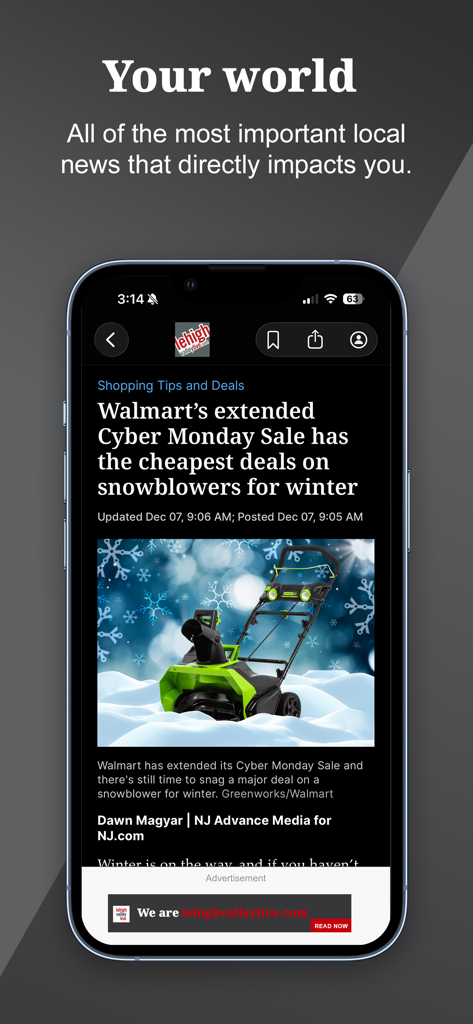 Screenshot of the Lehigh Valley Live news app on an iPhone displaying a local news article about winter shopping deals.