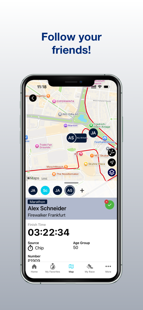 A mobile screenshot of the Mainova Frankfurt Marathon app showing a live race map with the location of multiple tracked runners and the finish time for Alex Schneider.
