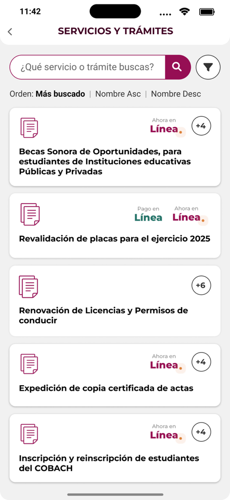 Sonora Digital - Mobile interface of the Sonora Digital app showing a list of government services and procedures such as license renewal and scholarships