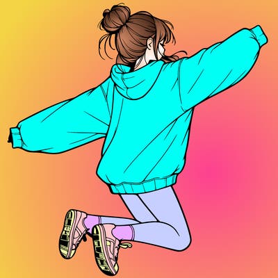 realistic girl jumping with a bun and oversized sweatshirt