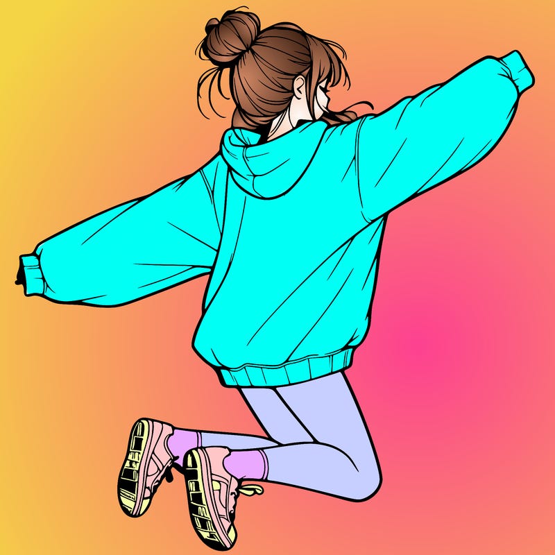 realistic girl jumping with a bun and oversized sweatshirt