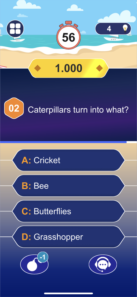 Millionaire: Fun Trivia Games - A multiple choice question screen in the Millionaire trivia game app asking what caterpillars turn into