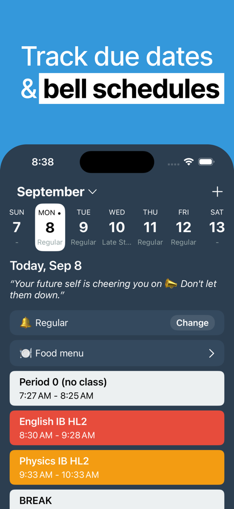 Gradekit app showing a daily class schedule and bell times for students