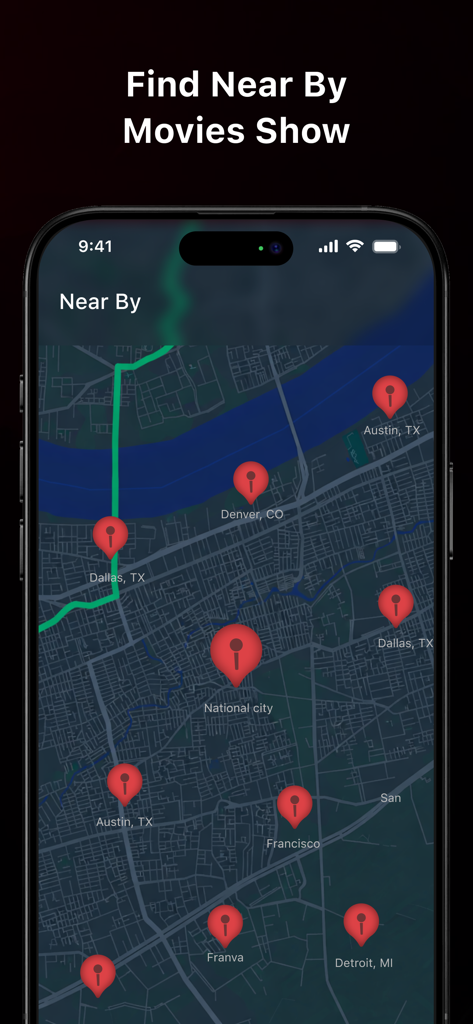 NetMirror APP - Watch Movies - Map interface within the NetMirror app showing red pins for nearby movie show locations in various US cities.